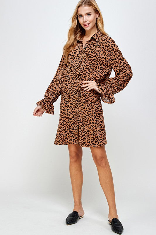 Long Sleeve Leopard Shirt Dress