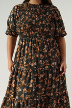 Load image into Gallery viewer, Plus Size Ruched Dress in Amber and Black Floral
