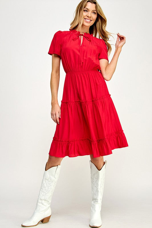 Ruby Red- Tie Neck Dress