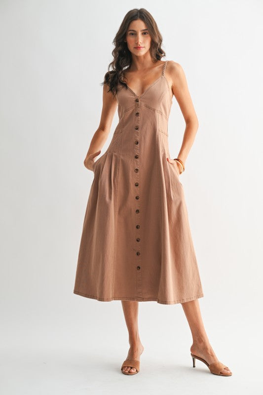 Pleated Pocket Canvas Dress